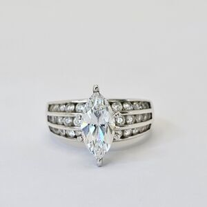 Vintage Diamonique Marquise Cut Sterling Silver & Platinum Overlay! Size 6